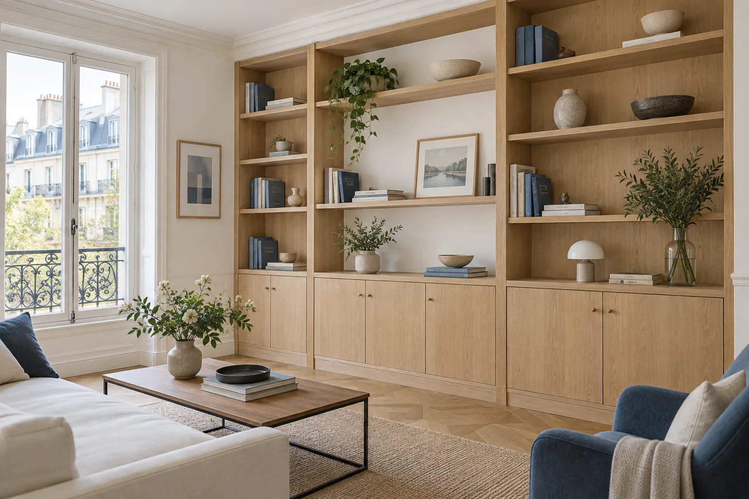 Illustration générée : rangements en bois dans un salon.